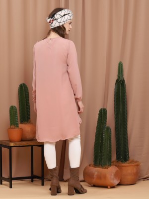 Front Slit Asymetric Ruffle Long Sleeve Long Top