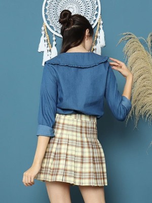 Cottage Core Big Flap Ruffles Collar Denim Shirt