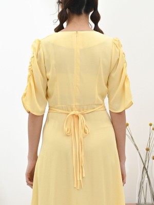 Ruched Sleeves V Neck Dress