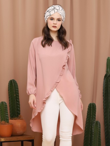 Front Slit Asymetric Ruffle Long Sleeve Long Top