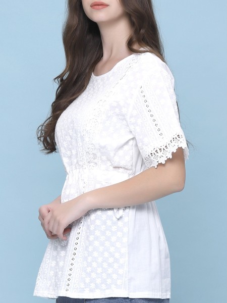 Flower Embroidered Waist Drawstring Top