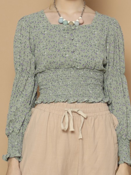 Flower Print Waist Smocked Top