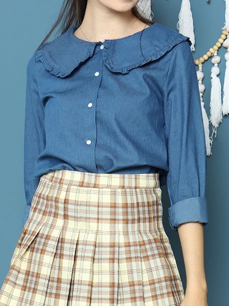 Cottage Core Big Flap Ruffles Collar Denim Shirt