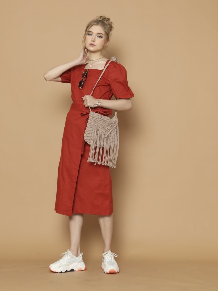 2Pcs Set Puff Sleeves Top And Ovelap Skirt