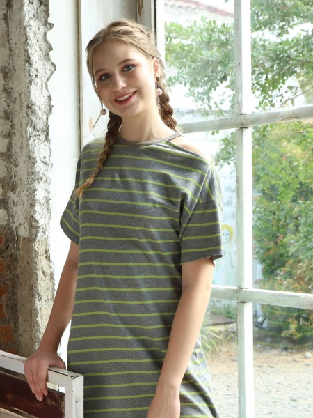 Stripes Side Off Shoulder Tee Dress