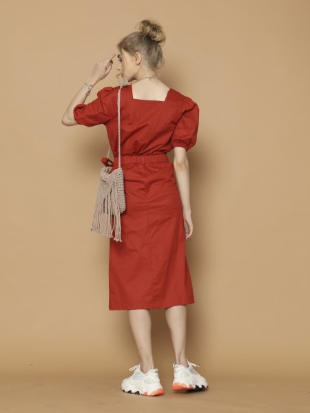 2Pcs Set Puff Sleeves Top And Ovelap Skirt