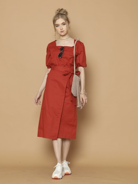 2Pcs Set Puff Sleeves Top And Ovelap Skirt