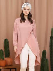Front Slit Asymetric Ruffle Long Sleeve Long Top