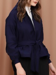 D-SL Parted Sleeves High neck With Ribbon Belt Top