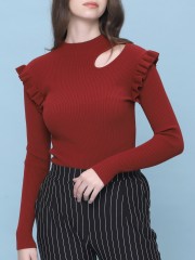 Side Cut Out Frill Knitted Top