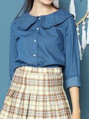 Cottage Core Big Flap Ruffles Collar Denim Shirt