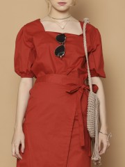 2Pcs Set Puff Sleeves Top And Ovelap Skirt